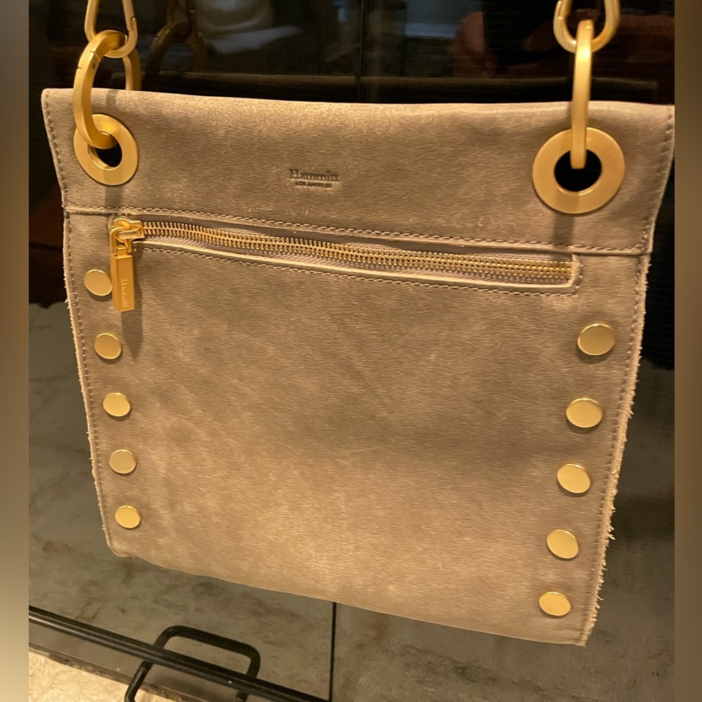 Hammitt Tony Medium crossbody bag. Grey/Natural w/brushed gold accents